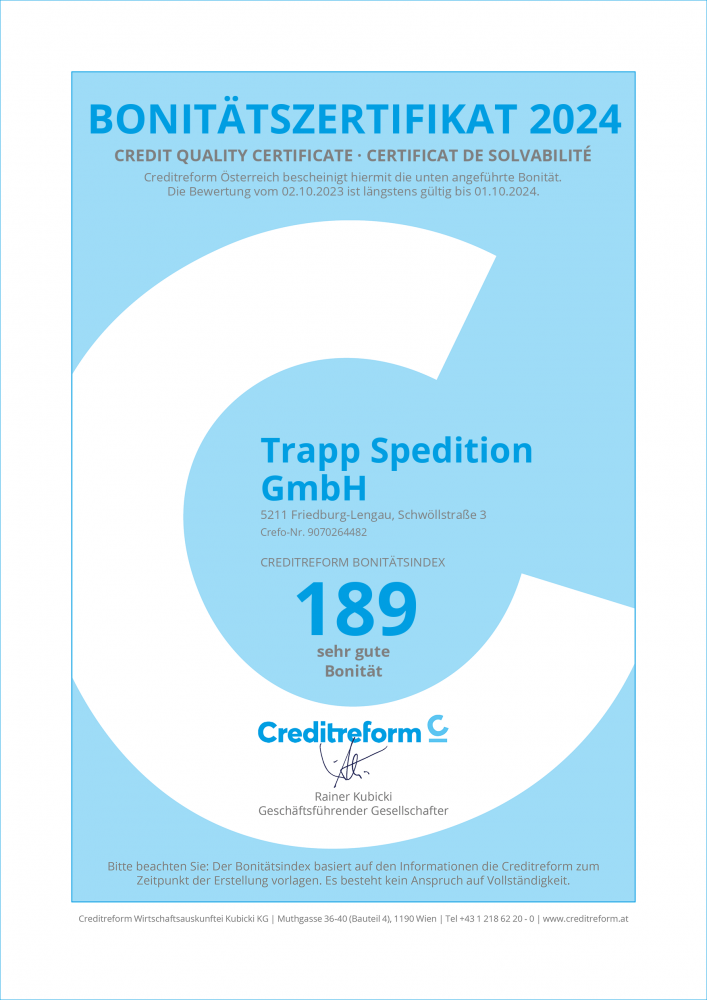 Spedition Trapp Credit Certificate
